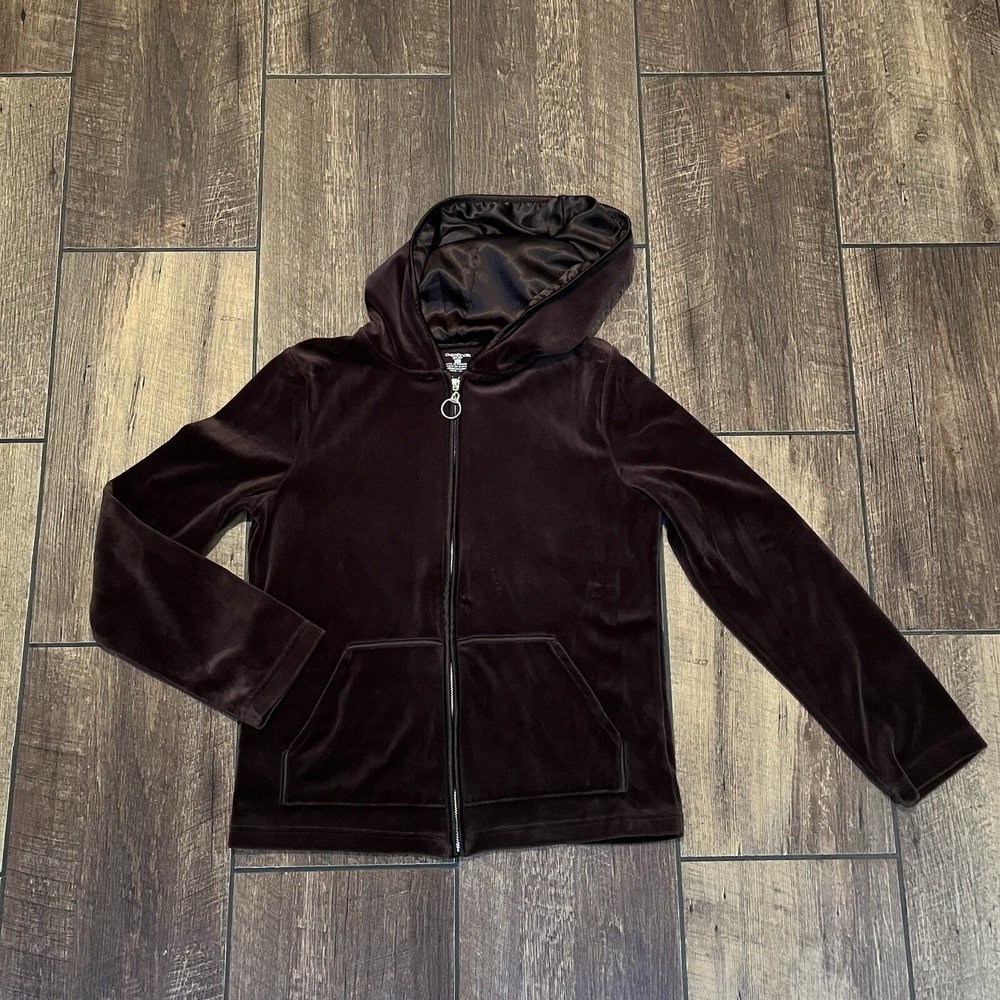 Jones New York Womens Sweater Jacket M Brown Full Zip Velour Silk Hood Y2K
